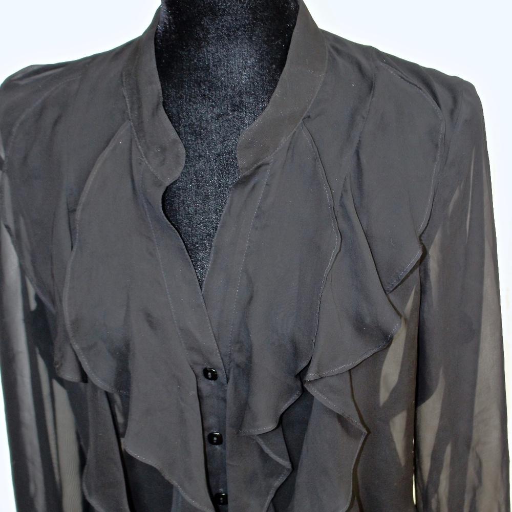 🆕NWT Caché Ruffle Button Up Blouse, Black, Sz L🆕